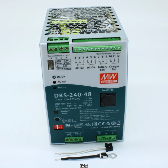 DRS-240-48, AC-DC с функцией UPS, 240Вт, выход 48В/5A, вход 90…305В АС/127…431В DC, максимальный зарядный ток 3.85А, MODBus, изоляция 3000В АС, в корпусе 85.5х125.2х129.2мм, -30...+70°С