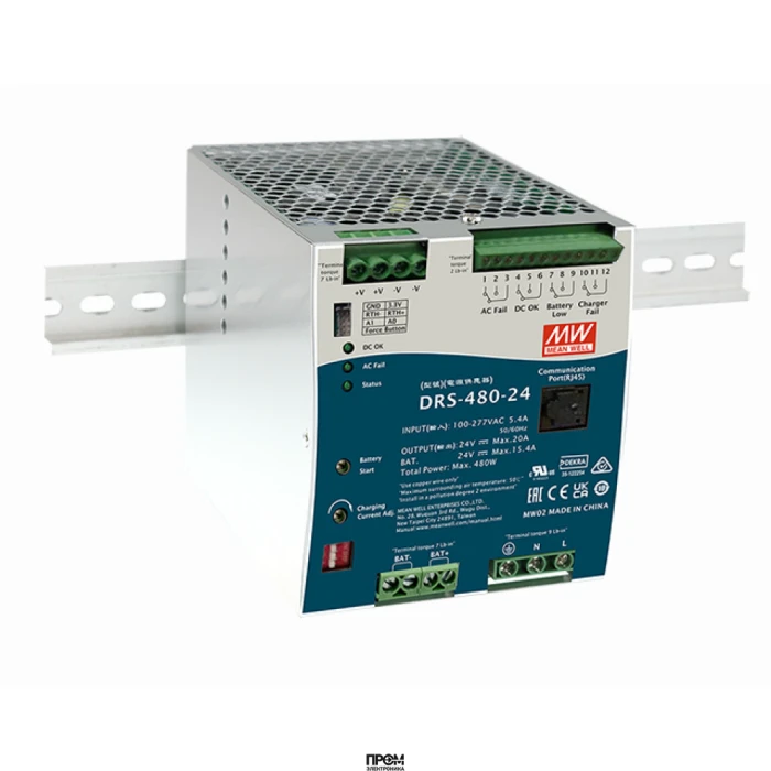 DRS-480-24, AC-DC с функцией UPS, 480Вт, выход 24В/20A, вход 90…305В АС/127…431В DC, максимальный зарядный ток 15.4А, MODBus, изоляция 3000В АС, в корпусе 110х125.2х150.7мм, -30...+70°С