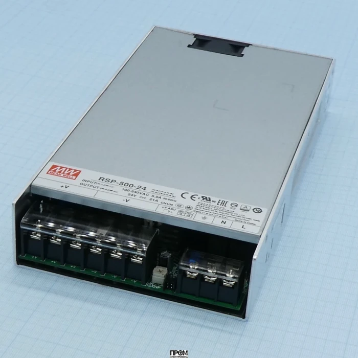 RSP-500-24, AC-DC, 504Вт, ККМ, вход 85…264V AC, 47…63Гц /120…370В DC, выход 24В/21A, рег. вых 20…26.4В, изоляция 3000В AC, в корпусе 230х127х41мм, -30…+70°С