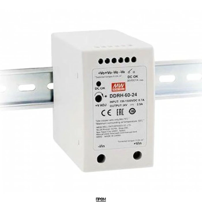 DDRH-60-24, DC-DC, 60Вт, вход 150…1500 В DC, выход 24В/2.5А, рег.выход 24…29В, изоляция 4000В DC, в кожухе на DIN-рейку, 57х93.5х105мм, -30...+85°С