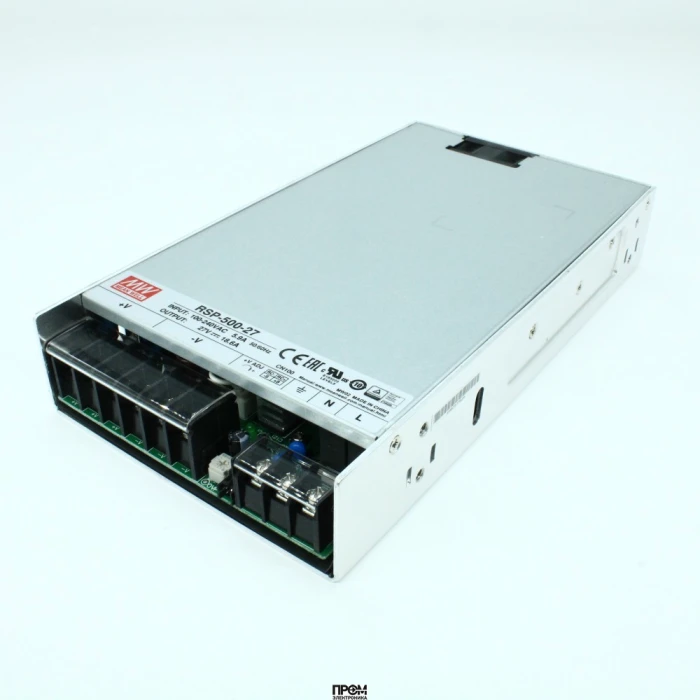 RSP-500-27, AC-DC, 502.2Вт, ККМ, вход 85…264V AC, 47…63Гц /120…370В DC, выход 27В/18.6A, рег. вых 26…30В, изоляция 3000В AC, в корпусе 230х127х41мм, -30…+70°С