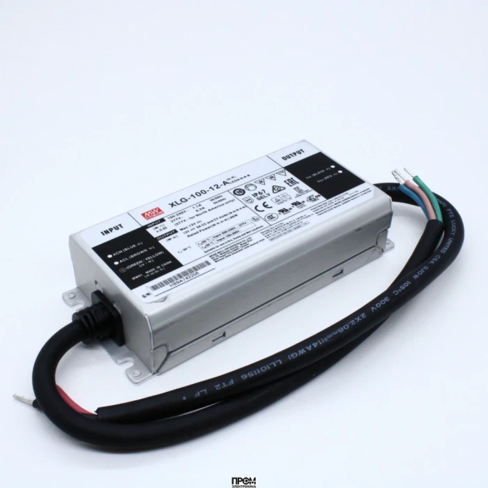 XLG-100-12-A, AC-DC, 96Вт, IP67, вход 90…305В AC, 47…63Гц, ККМ, выход 8А/8.4…12В, изоляция 3750В AC, в кожухе 150х63х32мм, -40…+90°С (корпус), встр. потенциометр