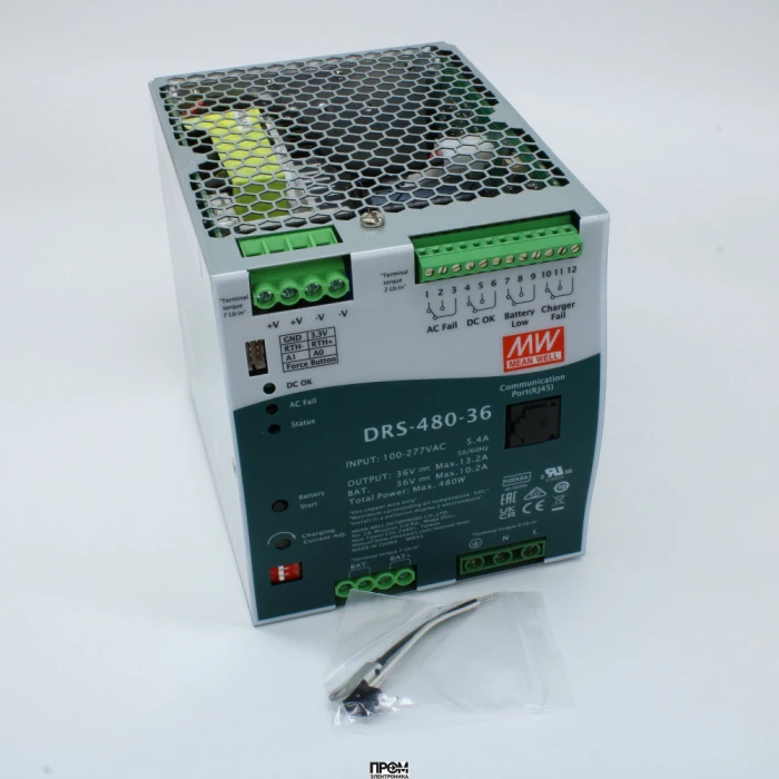 DRS-480-36, AC-DC с функцией UPS, 480Вт, выход 36В/13.3A, вход 90…305В АС/127…431В DC, максимальный зарядный ток 10.2А, MODBus, изоляция 3000В АС, в корпусе 110х125.2х150.7мм, -30...+70°С