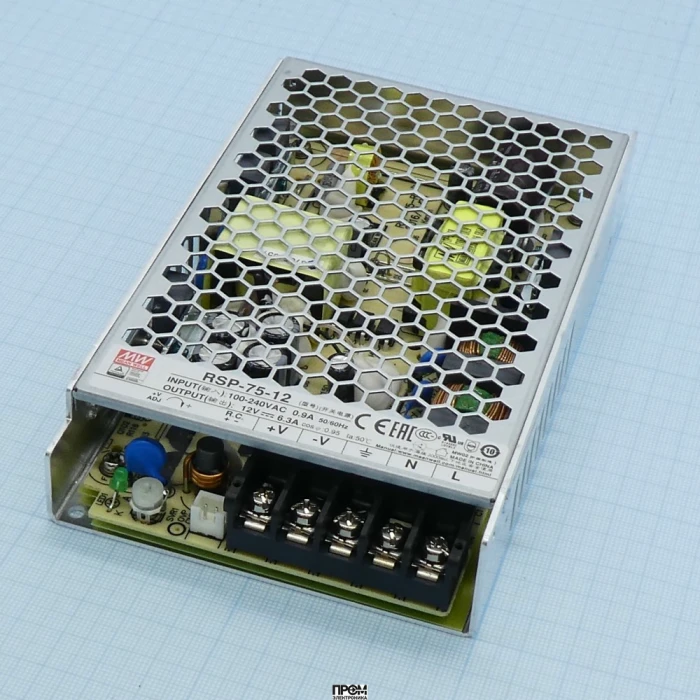 RSP-75-12, AC-DC, 75.6Вт, ККМ, вход 85…264V AC, 47…63Гц /120…370В DC, выход 12В/6.3A, рег. вых 11.4…13.2В, изоляция 3000В AC, в корпусе 159х97х30мм, -25…+70°С