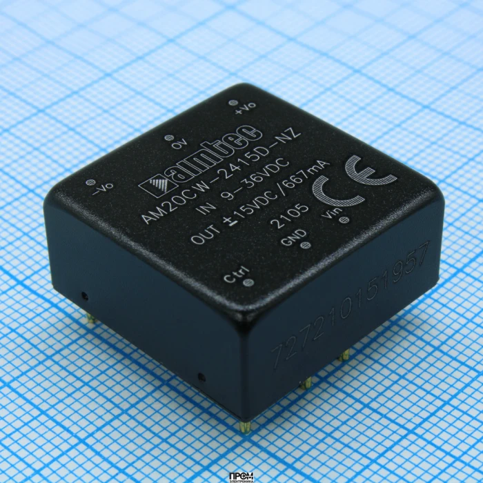 AM20CW-2415D-NZ, DC/DC, 20Вт, вход 9…36В, выход ±15В/±0.667А, изоляция 1500В DC, КПД 90%, максимальная емкостная нагрузка не более ±600мкФ, вход On/Off, 1x1", 25.4x25.4x11.7мм, -40…85°C, металл