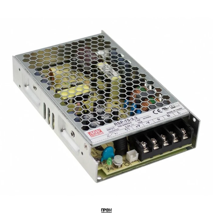 RSP-75-15, AC-DC, 75Вт, ККМ, вход 85…264V AC, 47…63Гц /120…370В DC, выход 15В/5A, рег. вых 14.3…16.5В, изоляция 3000В AC, в корпусе 159х97х30мм, -25…+70°С