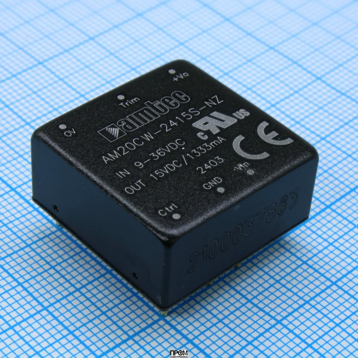 AM20CW-2415S-NZ, DC/DC, 20Вт, вход 9…36В, выход 15В/1.333А, изоляция 1500В DC, КПД 91%, максимальная емкостная нагрузка не более 1000мкФ, вход On/Off, 1x1", 25.4x25.4x11.7мм, -40…85°C, металл