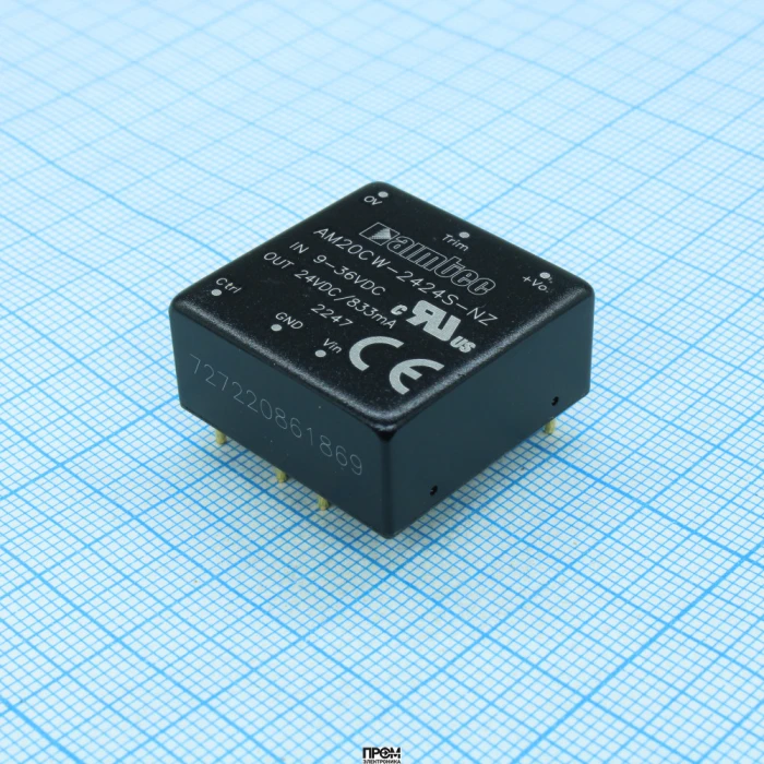 AM20CW-2424S-NZ, DC/DC, 20Вт, вход 9…36В, выход 24В/0.833А, изоляция 1500В DC, КПД 91%, максимальная емкостная нагрузка не более 500мкФ, вход On/Off, 1x1", 25.4x25.4x11.7мм, -40…105°C, металл