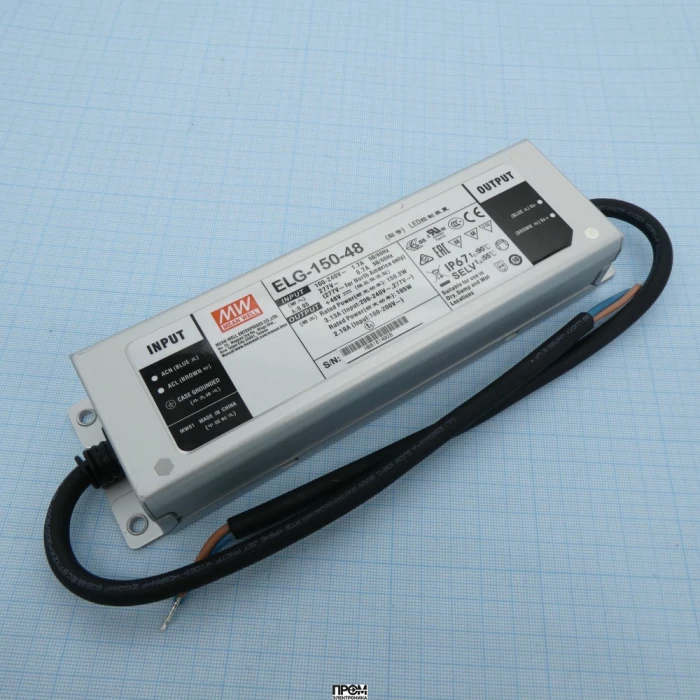 ELG-150-48, AC-DC, 150Вт, IP67, вход 100…305В AC, 47…63Гц/142…431В DC, ККМ, выход 24...48В/3,13А, изоляция 3750В AC, в кожухе 219х63х35,5мм, -40…+70°С