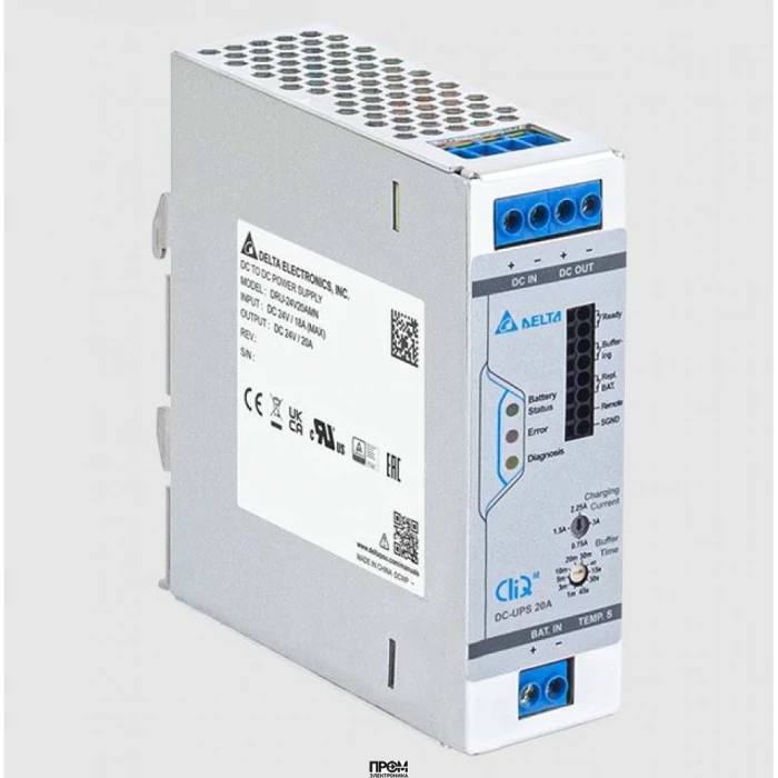 DRU-24V20AMN, UPS модуль, 24VDC / 20A, 480W; для компенсации провалов напряжения, 3,4 - 100Ah, номинальное напряжение аккумулятора: 24VDC (2 х 12 VDC), габариты (мм): 124x38x117 мм, вес 0,53 кг, монтаж: на DIN рейку