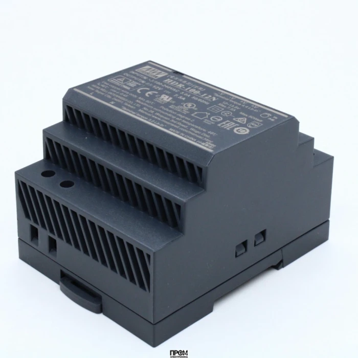 HDR-100-12N, AC-DC, 90Вт, вход 85...264 В AC 47...63Гц/120...370В DC, выход 12В/7.5А, рег. выхода 12…13.8В, изоляция 3000В AC, в кожухе на DIN-рейку, 70х90х54.5мм, -30...+70°С, расширенный диапазон регулировки Uвых