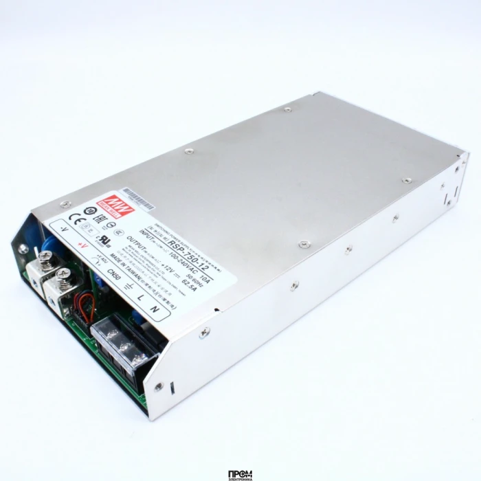 RSP-750-12, AC-DC, 750Вт, ККМ, вход 90…264V AC, 47…63Гц /127…370В DC, выход 12В/62.5A, рег. вых 10…13.5В, эл. рег. 40…110% Uном./Iном., изоляция 3000В AC, в корпусе 250х127х41мм, -30…+70°С