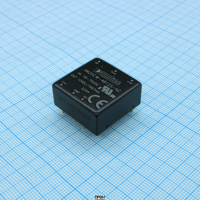 AM20CW-4812S-NZ, DC/DC, 20Вт, вход 18…75В, выход 12В/1.667А, изоляция 1500В DC, КПД 91%, максимальная емкостная нагрузка не более 1600мкФ, вход On/Off, 1x1", 25.4x25.4x11.7мм, -40…105°C, металл