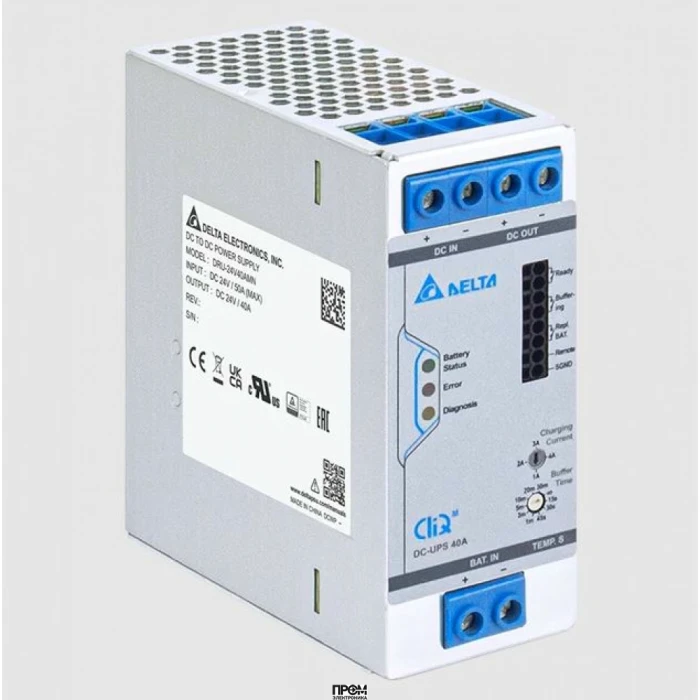 DRU-24V40AMN, UPS модуль, 24VDC / 40A, 960W; для компенсации провалов напряжения, 3,4 - 100Ah, номинальное напряжение аккумулятора: 24VDC (2 х 12 VDC), габариты (мм): 124x38x117 мм, вес 0,53 кг, монтаж: на DIN рейку