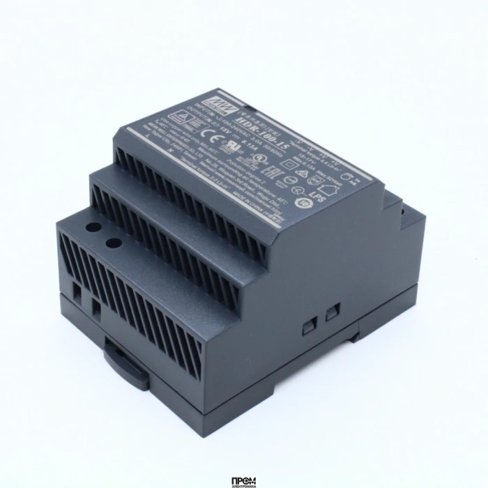 HDR-100-15, AC-DC, 92Вт, вход 85...264 В AC 47...63Гц/120...370В DC, выход 15В/6.13А, рег. выхода 15…17В, изоляция 3000В AC, в кожухе на DIN-рейку, 70х90х54.5мм, -30...+70°С