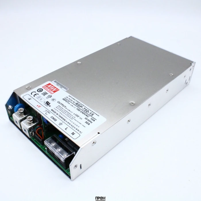 RSP-750-15, AC-DC, 750Вт, ККМ, вход 90…264V AC, 47…63Гц /127…370В DC, выход 15В/50A, рег. вых 13.5…16В, эл. рег. 40…110% Uном./Iном., изоляция 3000В AC, в корпусе 250х127х41мм, -30…+70°С