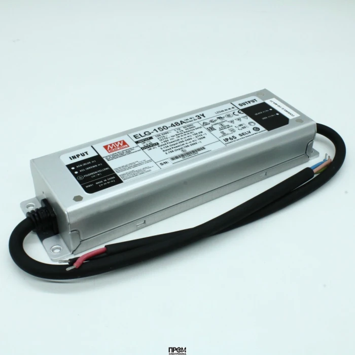 ELG-150-48A-3Y, AC-DC, 150Вт, IP65, вход 100…305В AC, 47…63Гц/142…431В DC, ККМ, выход 24...48В/4А, изоляция 3750В AC, в кожухе 199х63х35,5мм, -40…+70°С, рег. выхода, с проводом заземления