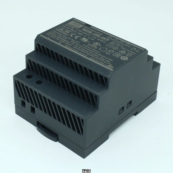 HDR-100-48N, AC-DC, 100.8Вт, вход 85...264 В AC 47...63Гц/120...370В DC, выход 48В/2.1А, рег. выхода 48…48.7В, изоляция 3000В AC, в кожухе на DIN-рейку, 70х90х54.5мм, -30...+70°С