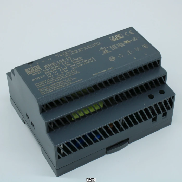 HDR-150-15, AC-DC, 142.5Вт, вход 85...264 В AC 47...63Гц/120...370В DC, выход 15В/9.5А, рег. выхода 13.5…18В, изоляция 3000В AC, в кожухе на DIN-рейку, 105х90х54.5мм, -30...+70°С