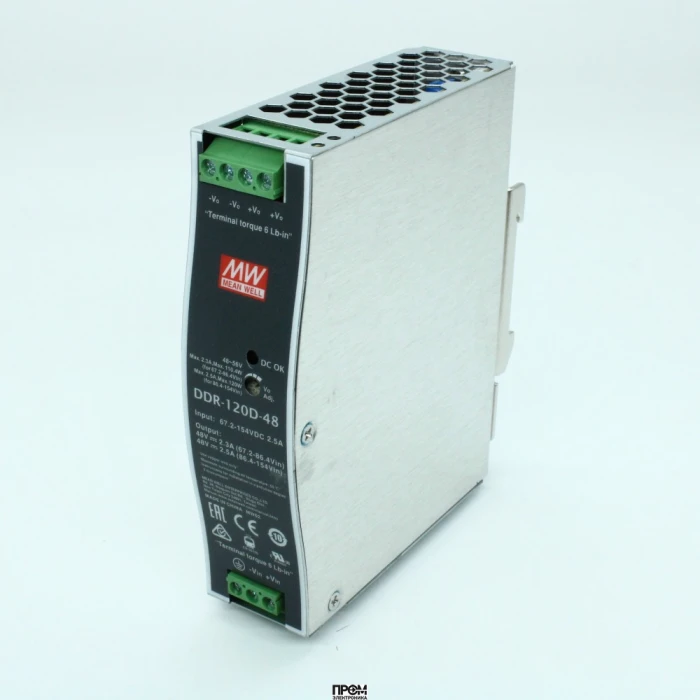 DDR-120D-48, DC-DC, 120Вт, вход 67.2…154В DC, выход 48В/2.5А, изоляция 4000В DC, в кожухе на DIN-рейку, 32х125.2х102мм, -40...+70°С