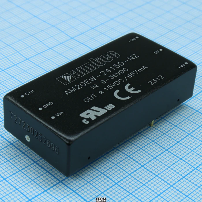 AM20EW-2415D-NZ, DC/DC, 20Вт, вход 9…36В, выход ±15В/±0.667А, изоляция 1500В DC, КПД 88%, максимальная емкостная нагрузка не более ±625мкФ, вход On/Off, 2x1", 50.8x25.4x11.8мм, -40…85°C, металл