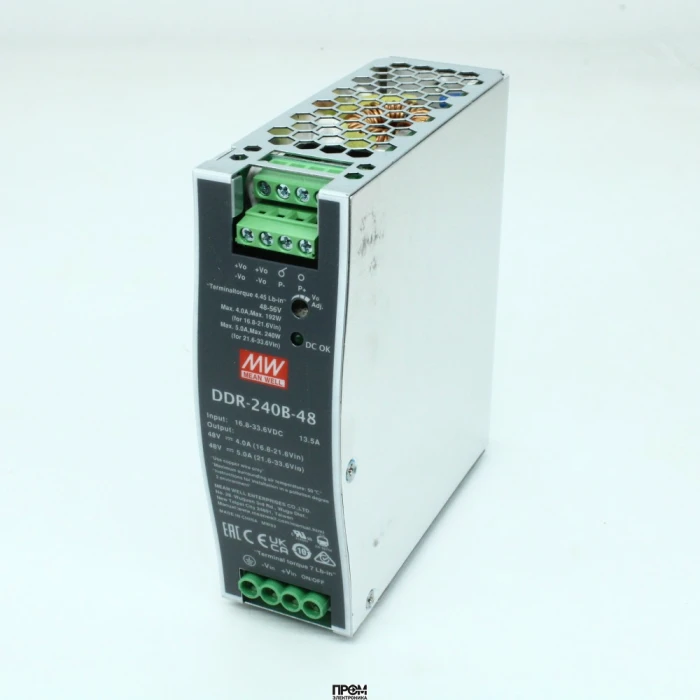 DDR-240B-48, DC-DC, 240Вт, вход 16.8…33.6 В DC, выход 48В/5А, изоляция 4000В DC, в кожухе на DIN-рейку, 40х125.2х113.5мм, -40...+70°С