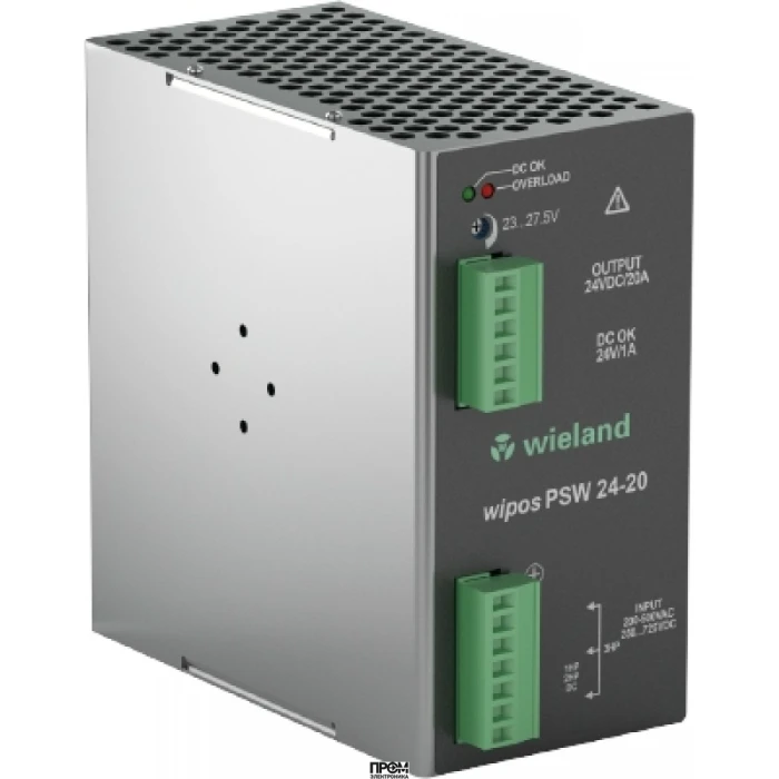 Блок питания WIPOS PSW 24-20, Импульсный источник питания, трехфазный, 24 V / 20 A, 480 W; диапазон входных напряжений: 187-550 V AC; 250-725 V DC; габариты (мм): ширина x высота x глубина: 125 x 73 x 140; вес 1,0 кг; монтаж: на DIN рейку, температура окр