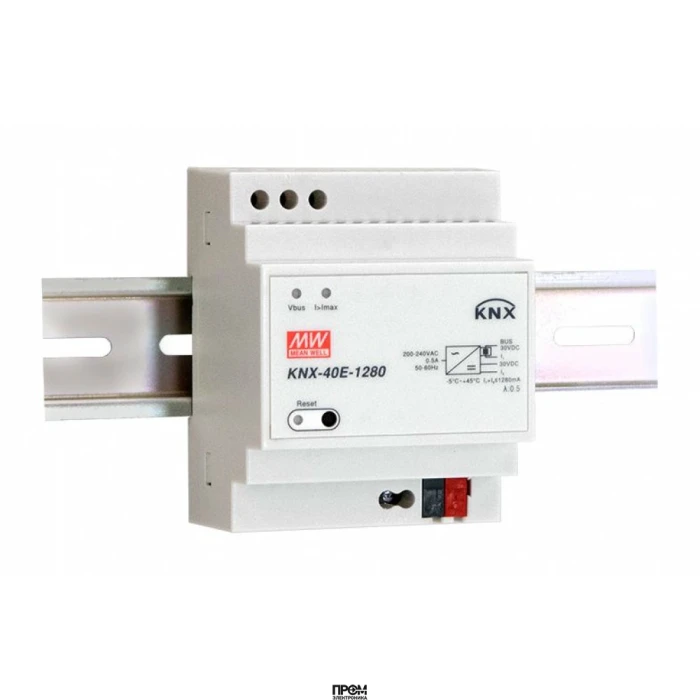 KNX-40E-1280, AC-DC для системы KNX, 38.4Вт, вход 180…264V AC, 47…63Гц /254…370В DC, выход 30В/1280мA, интегр. шина KNX, изоляция 4200В AC, на DIN-рейку 72х90х57мм, -30…+70°С