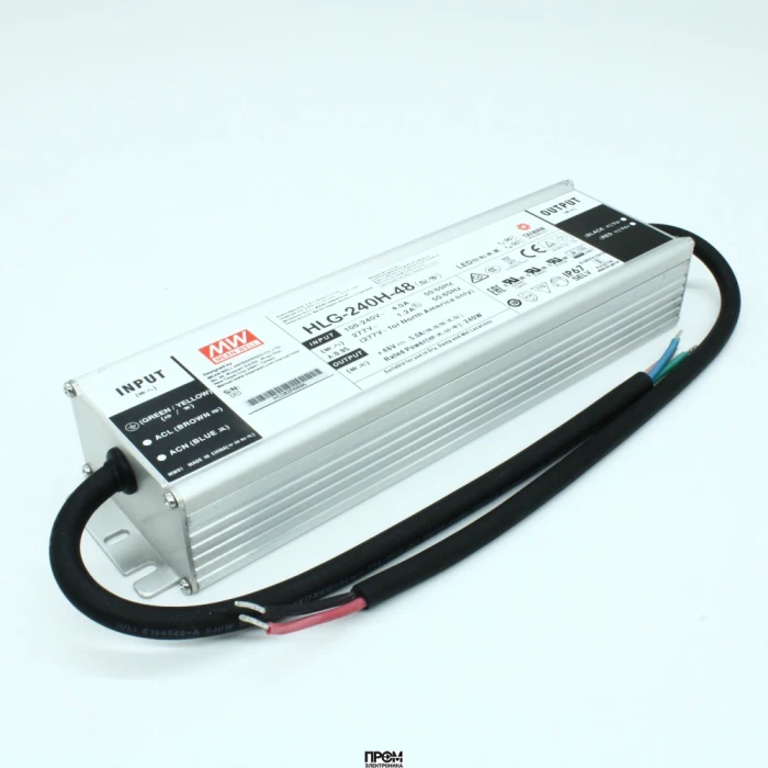 HLG-240H-48, AC-DC, 240Вт, IP67, вход 90…305В AC, 47…63Гц/127…431В DC, ККМ, выход 48В/5А, изоляция 3750В AC, в кожухе 244х68х39мм, -40…+70°С