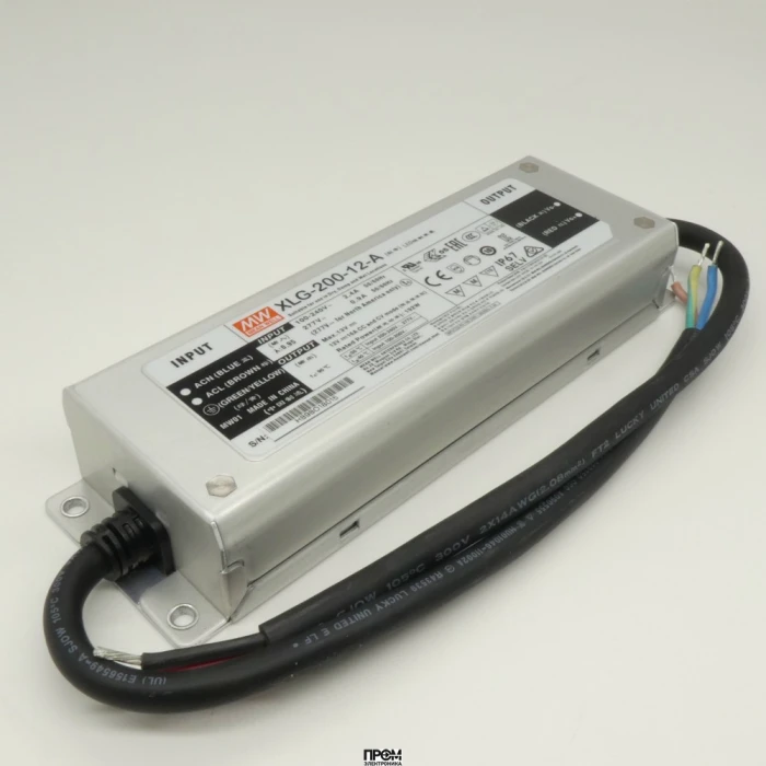 XLG-200-12-A, AC-DC, 192Вт, IP67, вход 90…305В AC, 47…63Гц, ККМ, выход 16А/8.4…12В, изоляция 3750В AC, в кожухе 199х63х35.5мм, -40…+90°С (корпус), встр. потенциометр