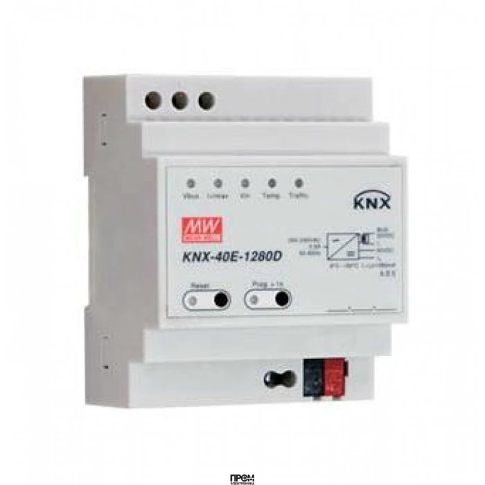 KNX-40E-1280D, AC-DC для системы KNX, 38.4Вт, вход 180…264V AC, 47…63Гц /254…370В DC, выход 30В/1280мA, интегр. шина KNX, изоляция 4200В AC, на DIN-рейку 72х90х57мм, -30…+70°С, с функцией диагностики