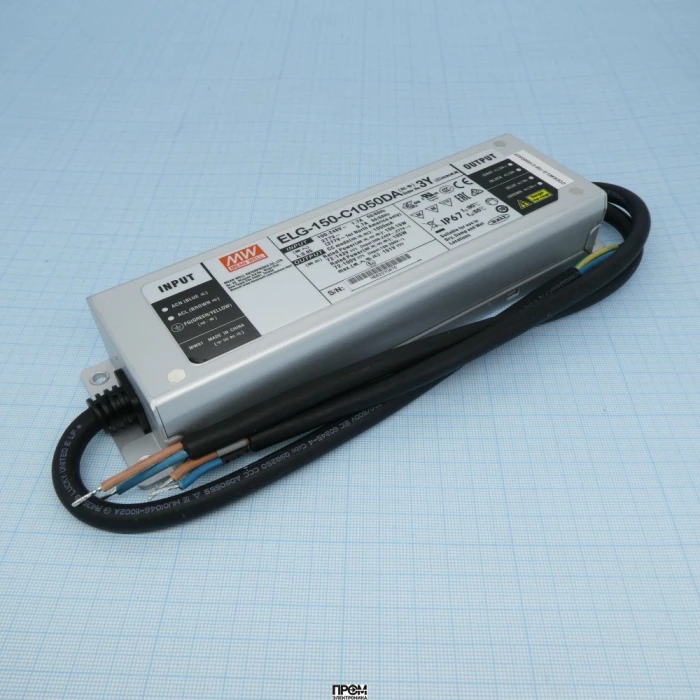 ELG-150-C1050DA-3Y, AC-DC, 150.2Вт, IP67, вход 100…305В AC, 47…63Гц/142…431В DC, ККМ, выход 72…143В/1050мА, DALI-димминг, изоляция 3750В AC, в кожухе 219х63х35.5, -40…+70°С, с проводом заземления