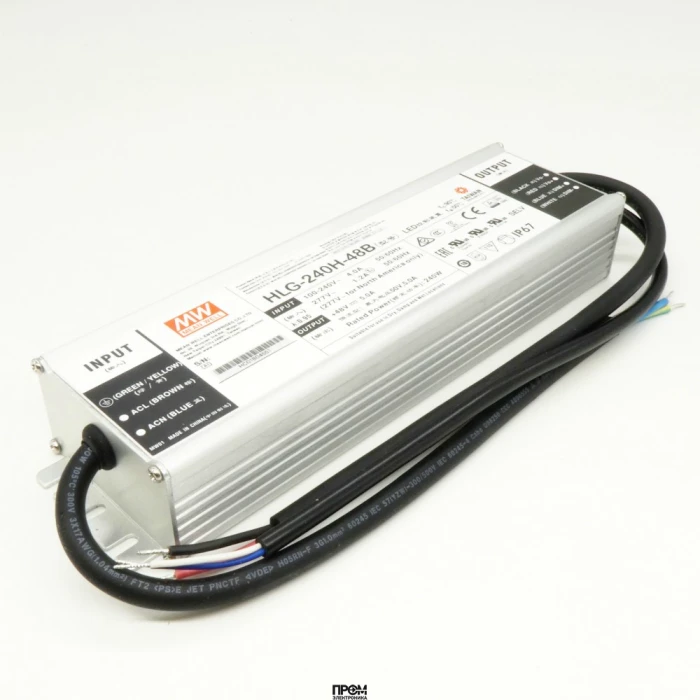 HLG-240H-48B, AC-DC, 240Вт, IP67, вход 90…305В AC, 47…63Гц/127…431В DC, ККМ, выход 48В/5А, димминг 3-в-1, изоляция 3750В AC, в кожухе 244х68х39мм, -40…+70°С