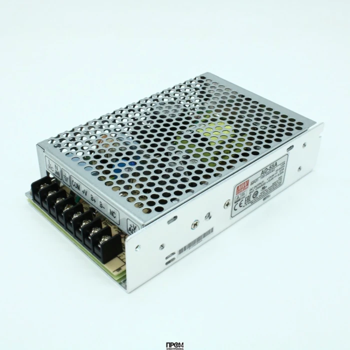 AD-55A, AC-DC с зарядником, 55Вт, вход 88…264В AC, 47…63Гц /124…370В DC, выход 1: 13.8В/3.5A, выход 2: 13.4В/0.23A (Зарядник), изоляция 3000В AC, в кожухе 159х97х38мм, -10…+60°С