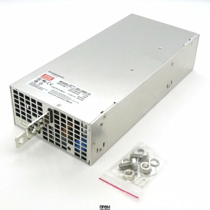 SE-1000-12, AC-DC, 1000Вт, выход 12В/0…83.3A, рег. вых=-5+10%Uном, вход 180...264VAC, 47...63Гц / 254...370VDC, изоляция 3000В AC, в кожухе 278x127х63.5мм, -20…+60°С