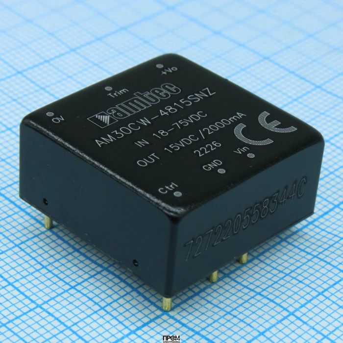 AM30CW-4815SNZ, DC/DC, 30Вт, вход 18…75В, выход 15В/2А, изоляция 1500В DC, КПД 88%, максимальная емкостная нагрузка не более 1500мкФ, вход On/Off, 1x1", 25.4x25.4x11.7мм, -40…85°C, металл