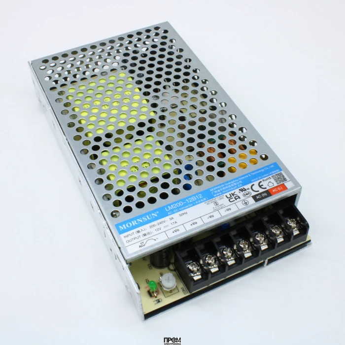 LM200-12B12, Преобразователь AC-DC, 200Вт, вход 176...264В AC 47...53 Гц, выход 12В/17А, изоляция 2000В AC, в корпусе на шасси, -30...+70°C