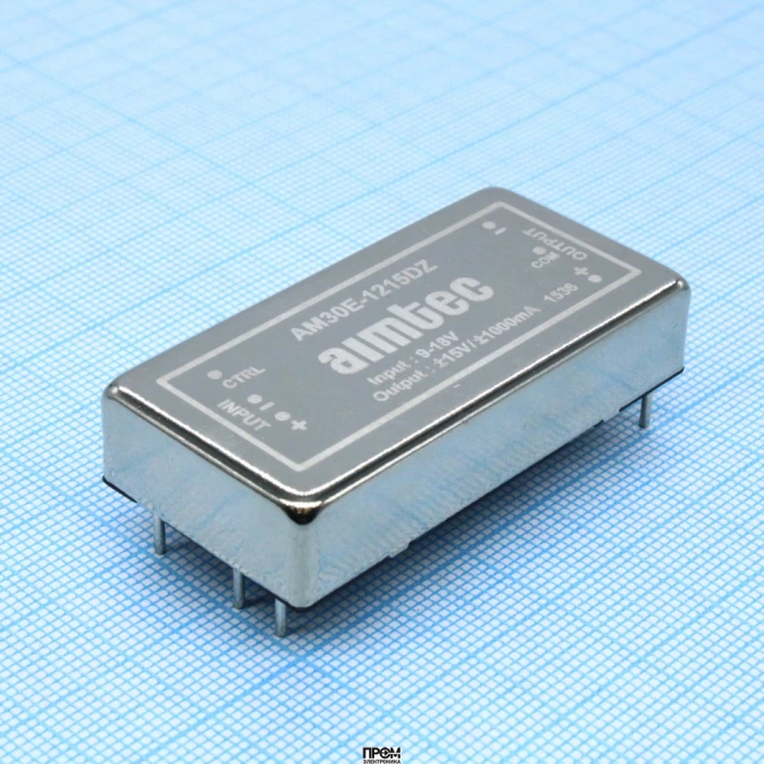 AM30E-1215DZ, DC/DC, 30Вт, вход 9…18В, выход ±15В/±1А, изоляция 1600В DC, КПД 91%, максимальная емкостная нагрузка не более ±1300мкФ, вход On/Off, 2x1", 50.8x25.4x10.16мм, -40…75°C, металл