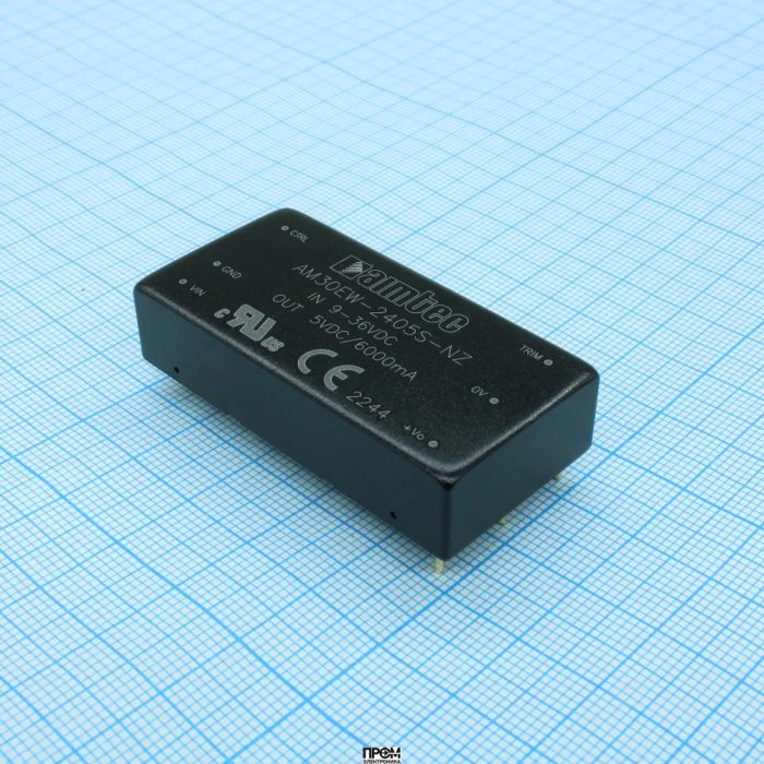 AM30EW-2405S-NZ, DC/DC, 30Вт, вход 9…36В, выход 5В/6А, изоляция 1600В DC, КПД 88%, максимальная емкостная нагрузка не более 10000мкФ, вход On/Off, 2x1", 50.8x25.4x11.8мм, -40…75°C, металл