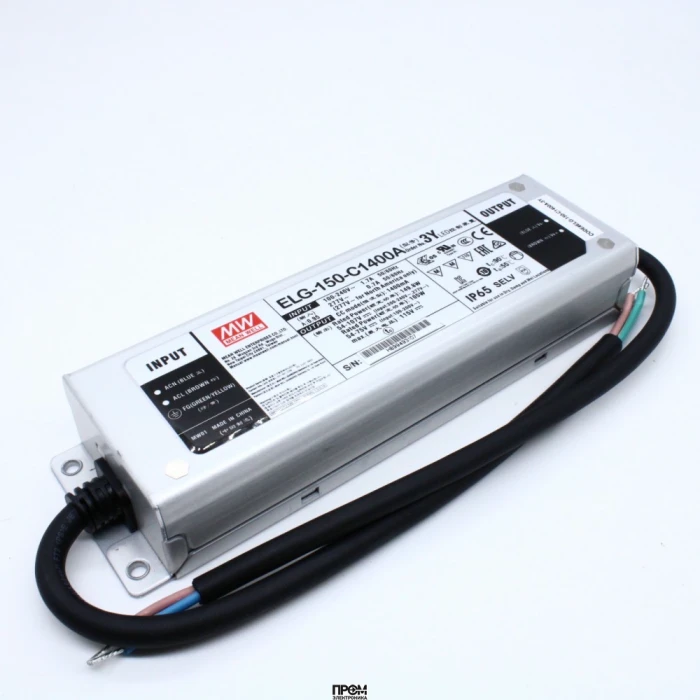 ELG-150-C1400A-3Y, AC-DC, 149.8Вт, IP65, вход 100…305В AC, 47…63Гц/142…431В DC, ККМ, выход 54…107В/1400мА, рег. тока 50...100%, изоляция 3750В AC, в кожухе 219х63х35.5, -40…+70°С, провод заземления