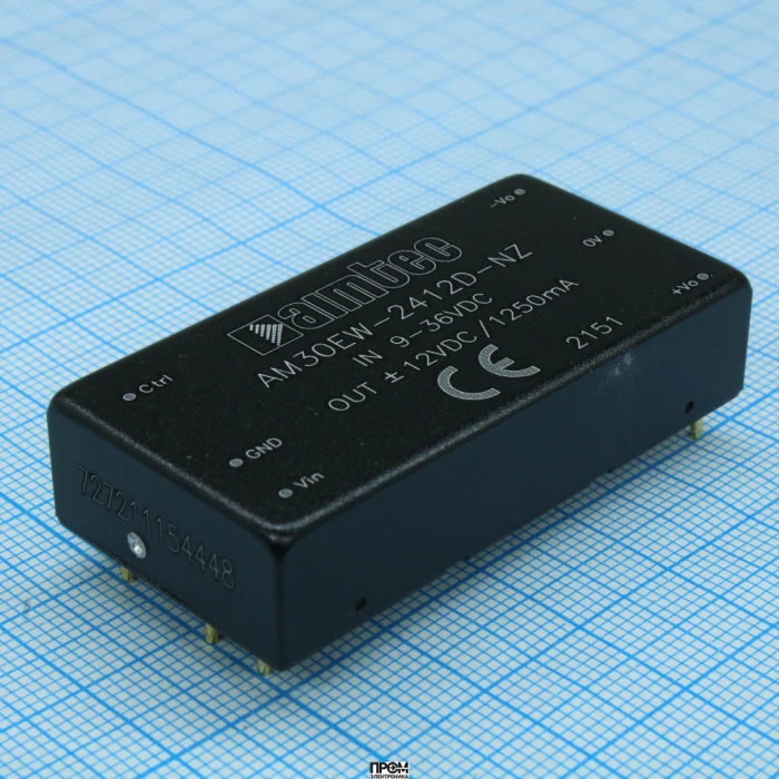 AM30EW-2412D-NZ, DC/DC преобразователь 30 Вт вход 9~36В двуполярный выход -12В12В ±1.25А -40~80 ?C, дерейтинг при 50 ?C1500VDC 1500VDC MTBF 1000000 часов КПД 89 % ёмк. нагрузка макс.1250 мкФ корпус 2x1, алюминиевый сплав установка на печатную плату 25.4x5