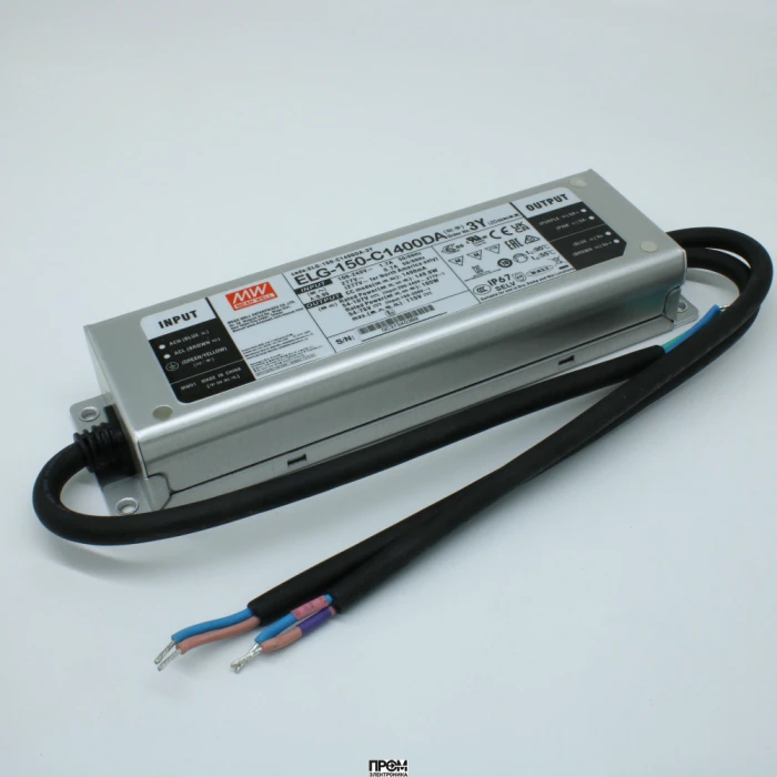 ELG-150-C1400DA-3Y, AC-DC, 149.8Вт, IP67, вход 100…305В AC, 47…63Гц/142…431В DC, ККМ, выход 54…107В/1400мА, DALI-димминг, изоляция 3750В AC, в кожухе 219х63х35.5, -40…+70°С, с проводом заземления