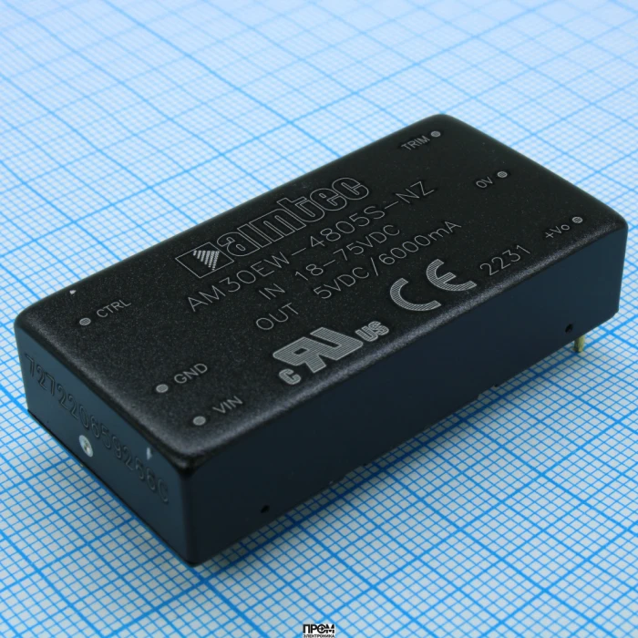 AM30EW-4805S-NZ, DC/DC, 30Вт, вход 18…75В, выход 5В/6А, изоляция 1600В DC, КПД 88%, максимальная емкостная нагрузка не более 10000мкФ, вход On/Off, 2x1", 50.8x25.4x11.8мм, -40…75°C, металл