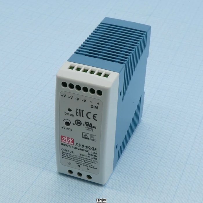 DRA-60-24, Преобразователь AC-DC на DIN-рейку 60Вт, выход 24В/2.5A, рег. вых 24…30В, димминг 3 в 1, вход 90…264V AC, 47…63Гц /127…370В DC, изоляция 3000В AC, 40х90х100мм, -30…+70°С