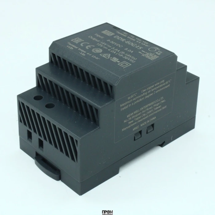 DDR-60G-15, DC-DC, 60Вт, вход 9…36 В DC, выход 15В/4А, изоляция 4000В DC, в кожухе на DIN-рейку, 52.5х90х54.5мм, -40...+85°С