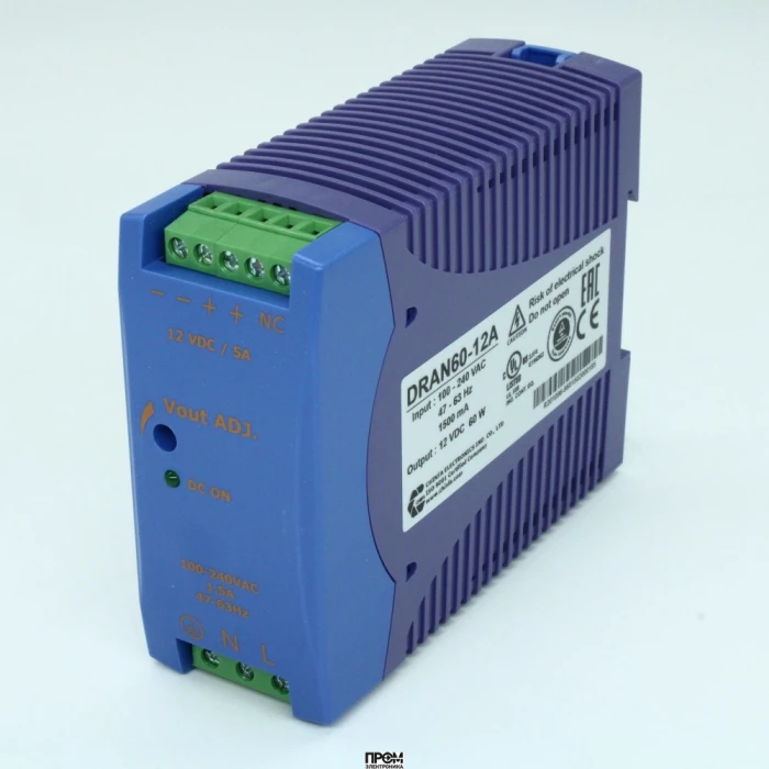 DRAN60-12A, Преобразователь AC-DC на DIN-рейку 60Вт, выход 12В/5A, рег. вых=+15%Uном, вход 90…265V AC, 47…63Гц / 120...370V DC , изоляция 3000V AC, : 115х90х41мм, винтовые клеммы, -40…+71°С