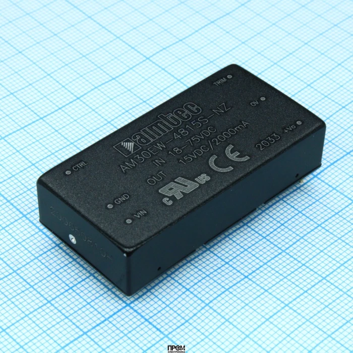 AM30EW-4815S-NZ, DC/DC, 30Вт, вход 18…75В, выход 15В/2А, изоляция 1600В DC, КПД 89%, максимальная емкостная нагрузка не более 1680мкФ, вход On/Off, 2x1", 50.8x25.4x11.8мм, -40…75°C, металл