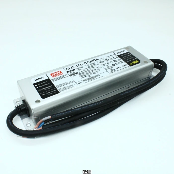 ELG-150-C700DA, AC-DC, 149.8Вт, IP67, вход 100…305В AC, 47…63Гц/142…431В DC, ККМ, выход 107…214В/700мА, DALI-димминг, изоляция 3750В AC, в кожухе 219х63х35.5, -40…+70°С, с проводом заземления
