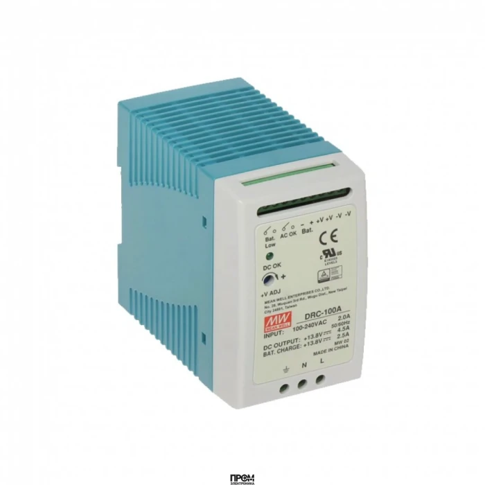 DRC-100A, AC-DC с функцией UPS, 60Вт, вход 90...264В АС/127...370В DC, выход 1: 13.8В/0…7 (4.5 ном.) А, выход зарядного устройства 13.8В/2.5А, изоляция 3000В АС, в корпусе 55х90х100мм, -30...+70°С