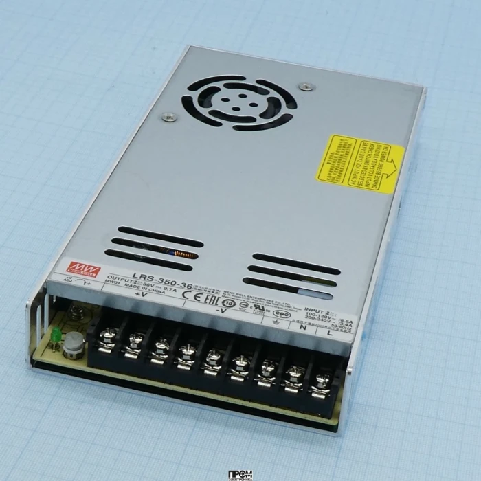 LRS-350-36, AC-DC, 349.2Вт, вход 115/230В AC (переключатель), 47…63Гц, выход 36В/9.7A, рег. вых ±10%, изоляция 3000В AC, в кожухе 215х115х30мм, -25…+70°С